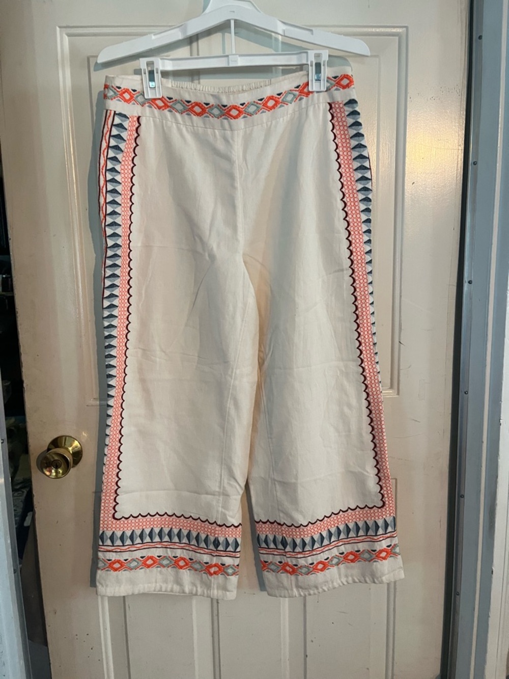 Anthropologie Cream Pants with Coral & Navy Embroidered Trim